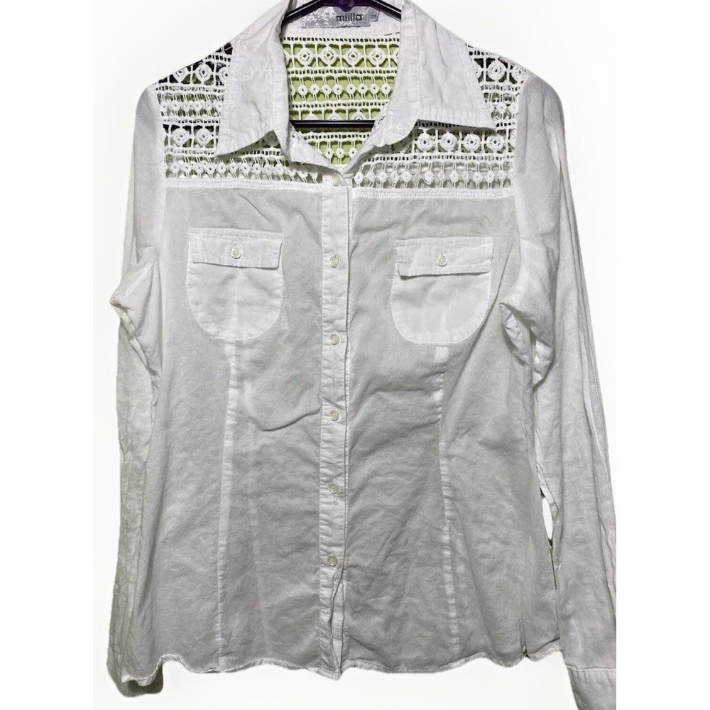 Milla Womens White Long Sleeve Crochet Lace Yoke Button Down Shirt Size L‎